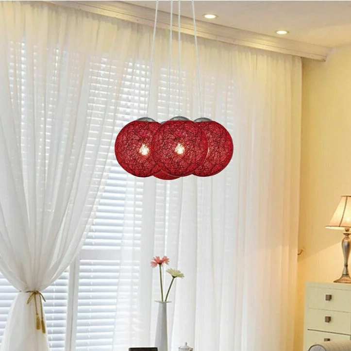 Red rattan wicker lampshade woven ball globe pendant light with four outlets and 95cm electric wire for ceiling mounting