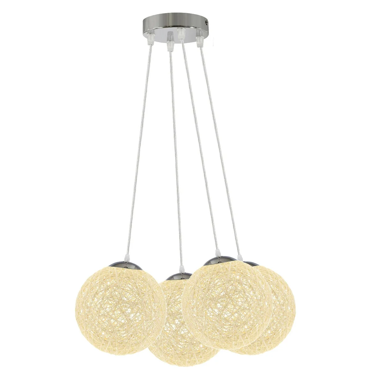 Cream rattan pendant light with four woven ball globe lampshades and 95cm wires for ceiling installation