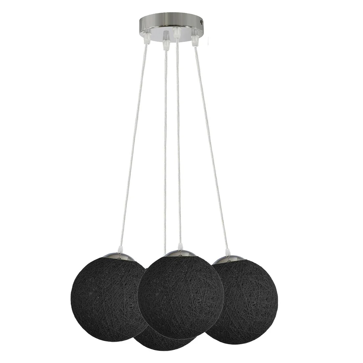 Black rattan pendant light with woven wicker globe shade, four outlets, and 95cm electric wires for ceiling mounting