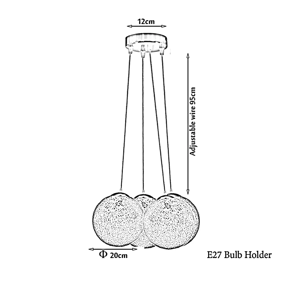 Black rattan wicker lampshade pendant light with woven ball design and four outlets on a white background
