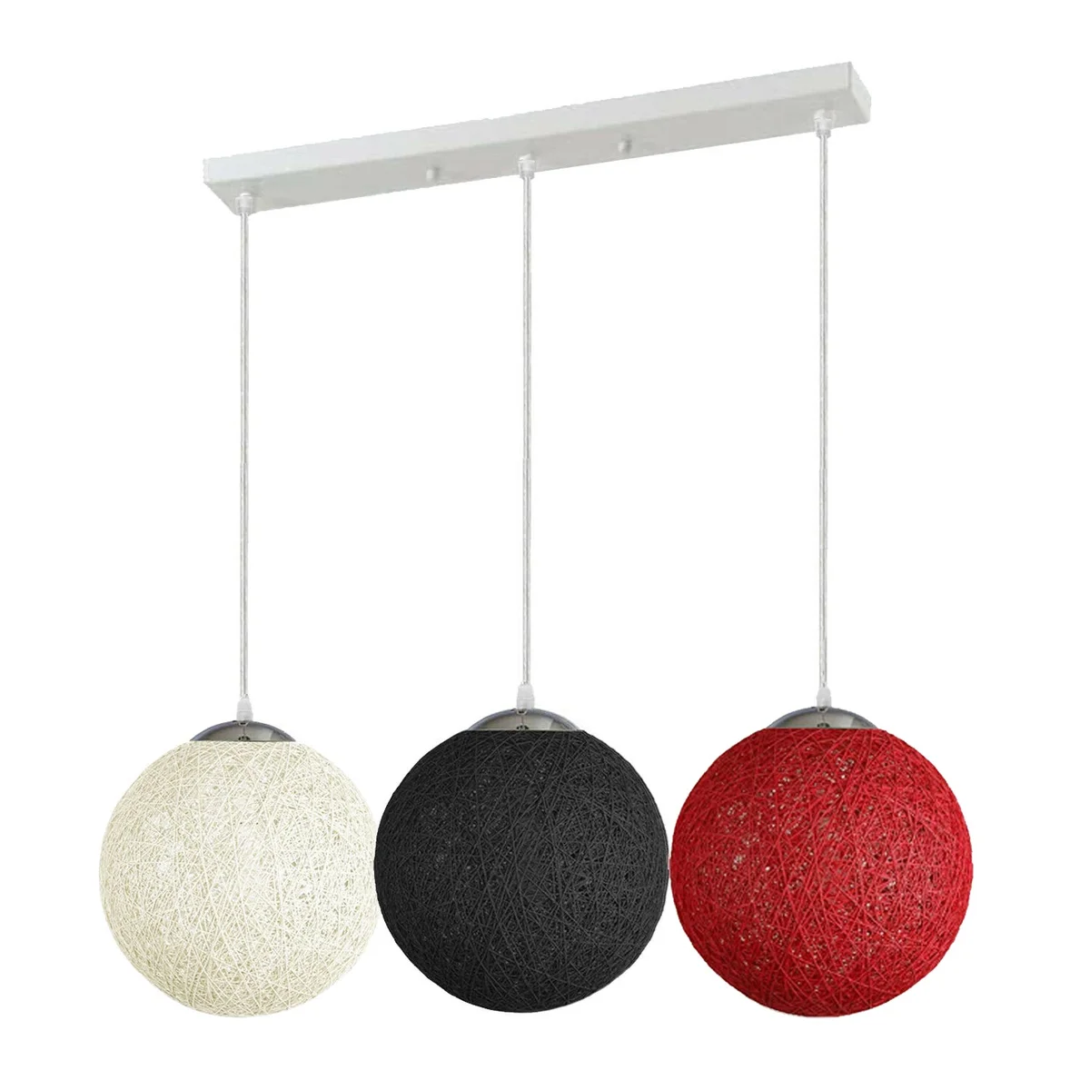 Colourful rattan pendant light with white, red, black rattan shade and E27 holder.
