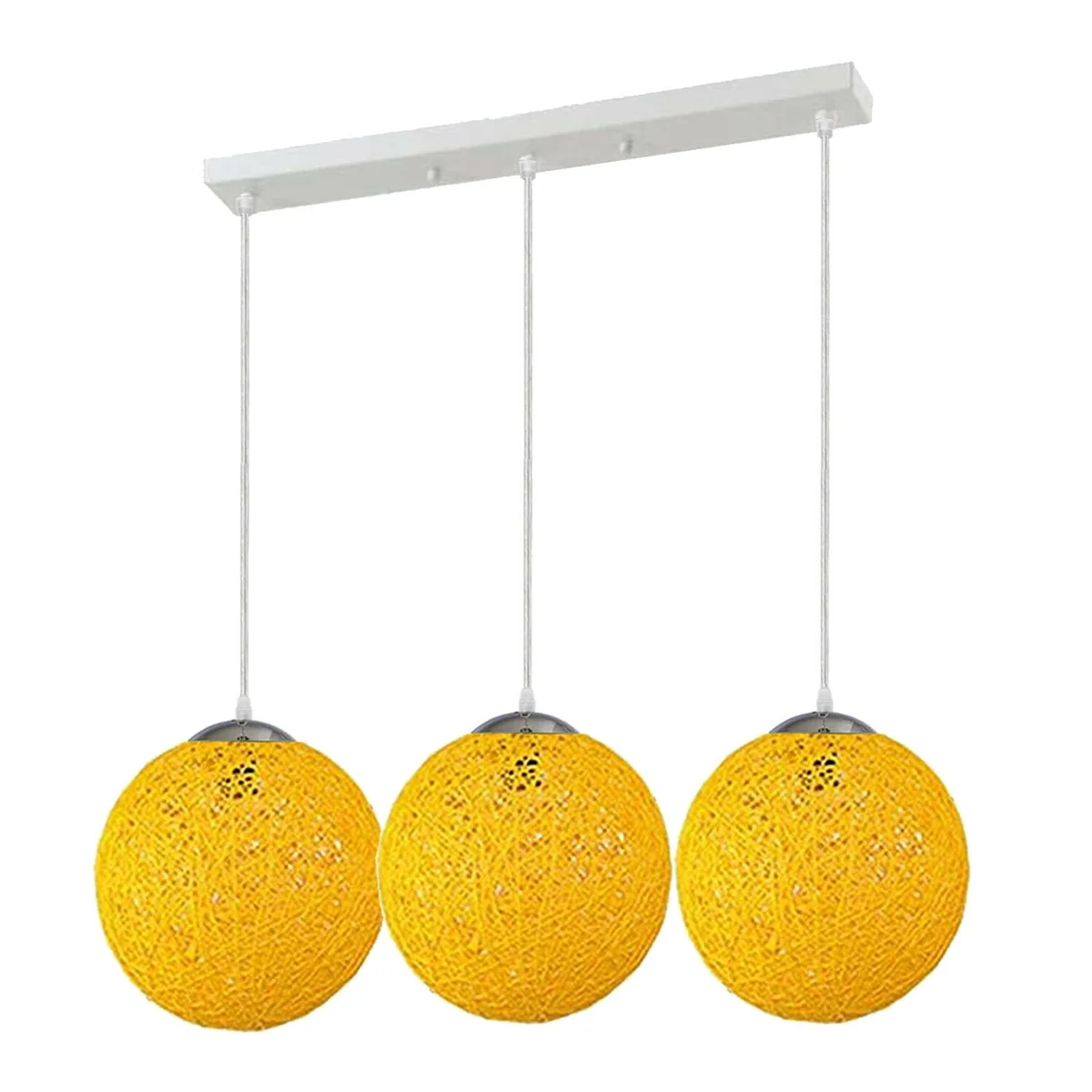 Yellow rattan ceiling lamp with three ball-shaped shades made of woven bamboo rattan and iron frame, 20 cm diameter