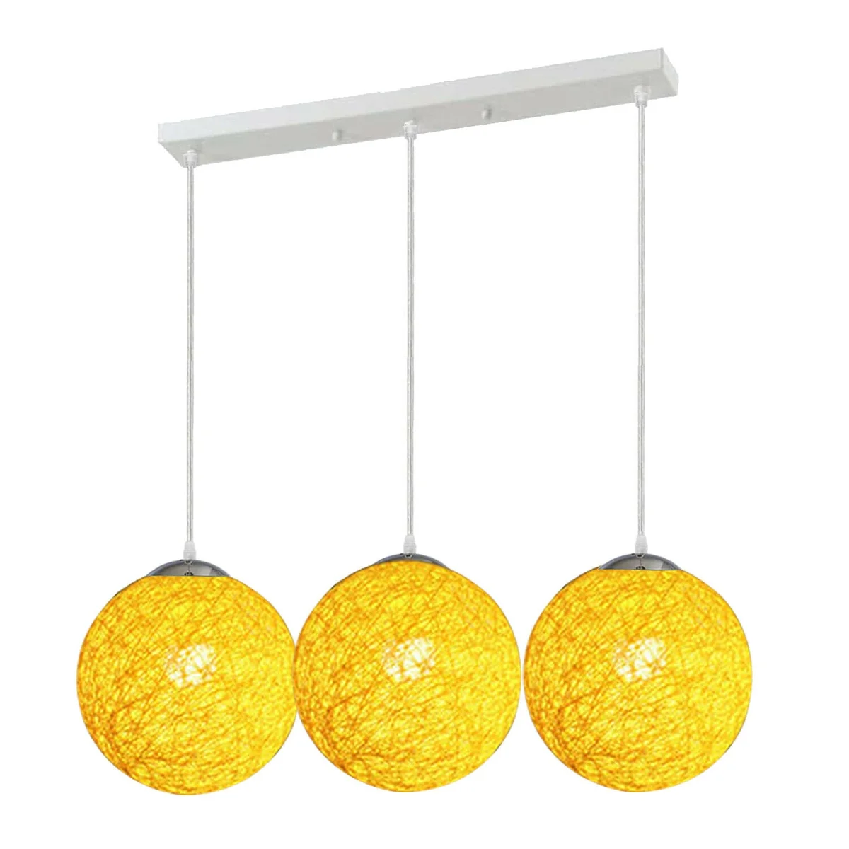 Yellow three outlet ceiling light with rattan wicker shades and 95cm wires, ideal for dining or living rooms
