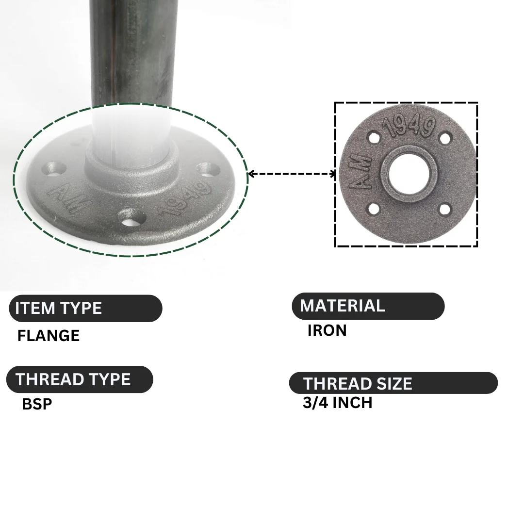 Round iron 3/4 inch threaded pipe flange with four mounting holes, designed for floor or wall installation in industrial decor
