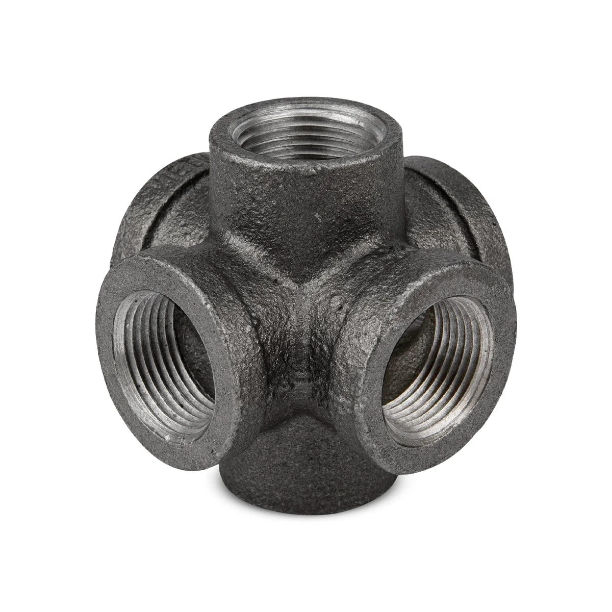 Black 6-way industrial pipe fittings made of malleable iron with 3/4-inch threaded outlets for DIY projects