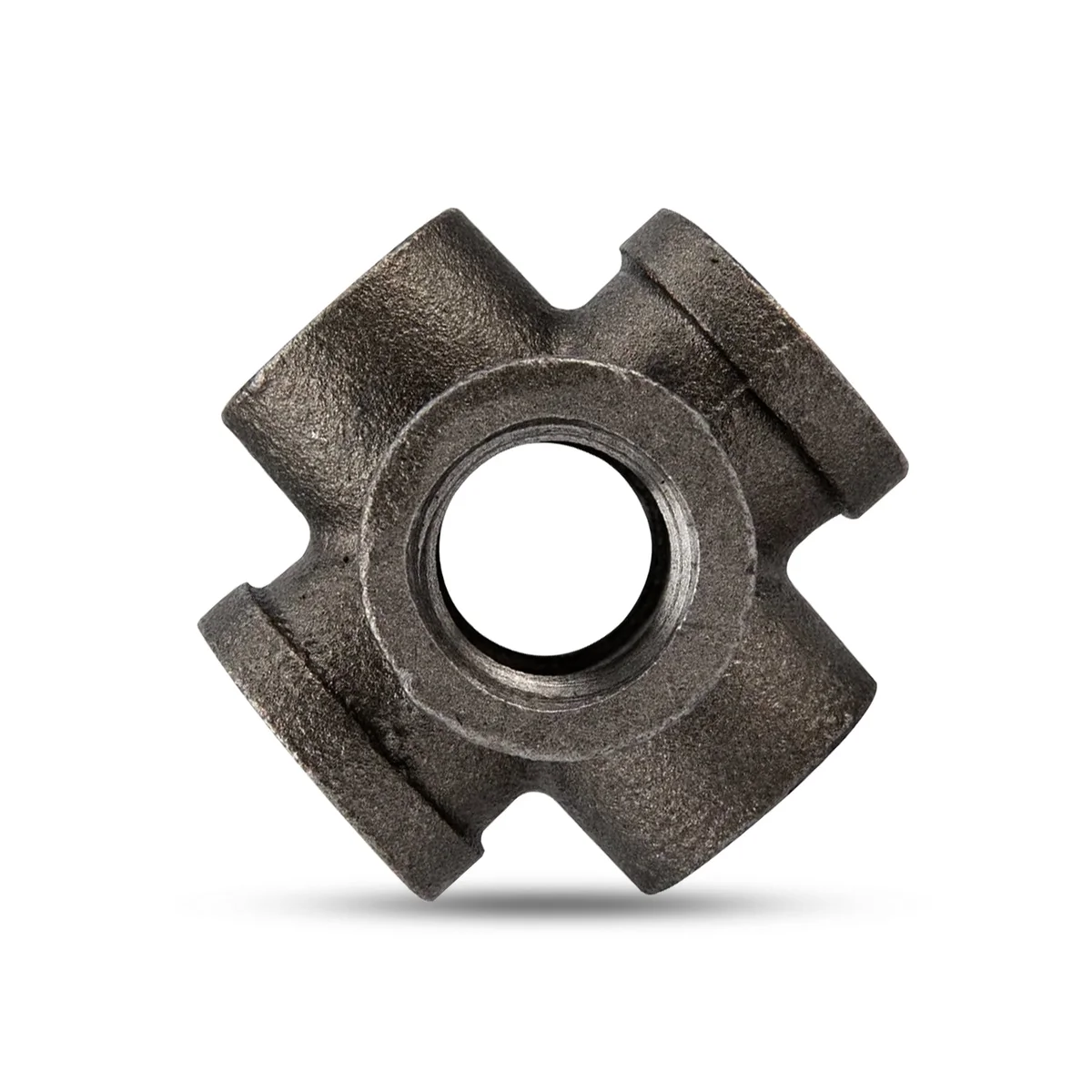 Black iron pipe fitting with six threaded 3/4-inch outlets in a matte black finish for industrial vintage style projects