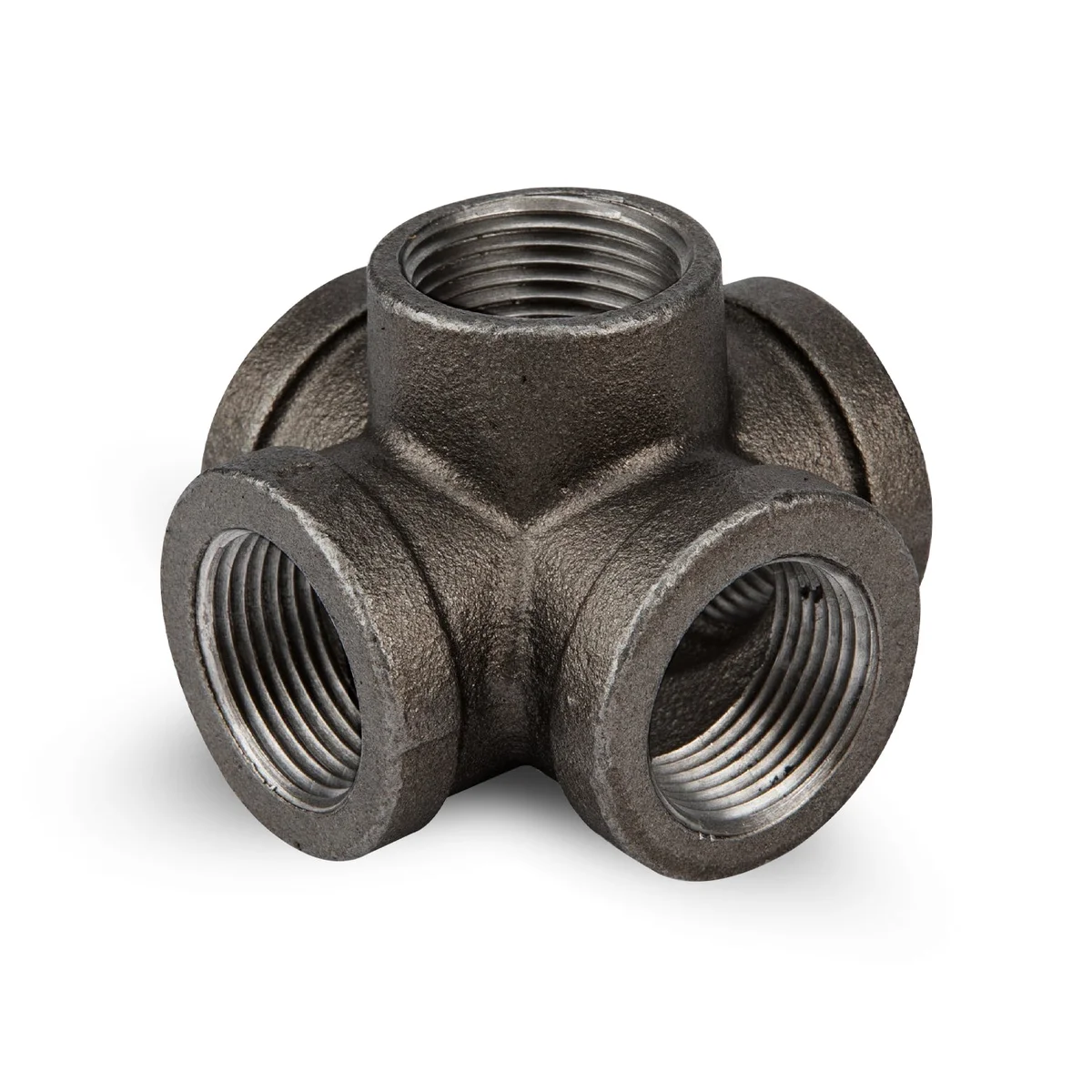 Black 3/4 inch 5 way pipe fitting made of malleable iron with screw threads for plumbing connections