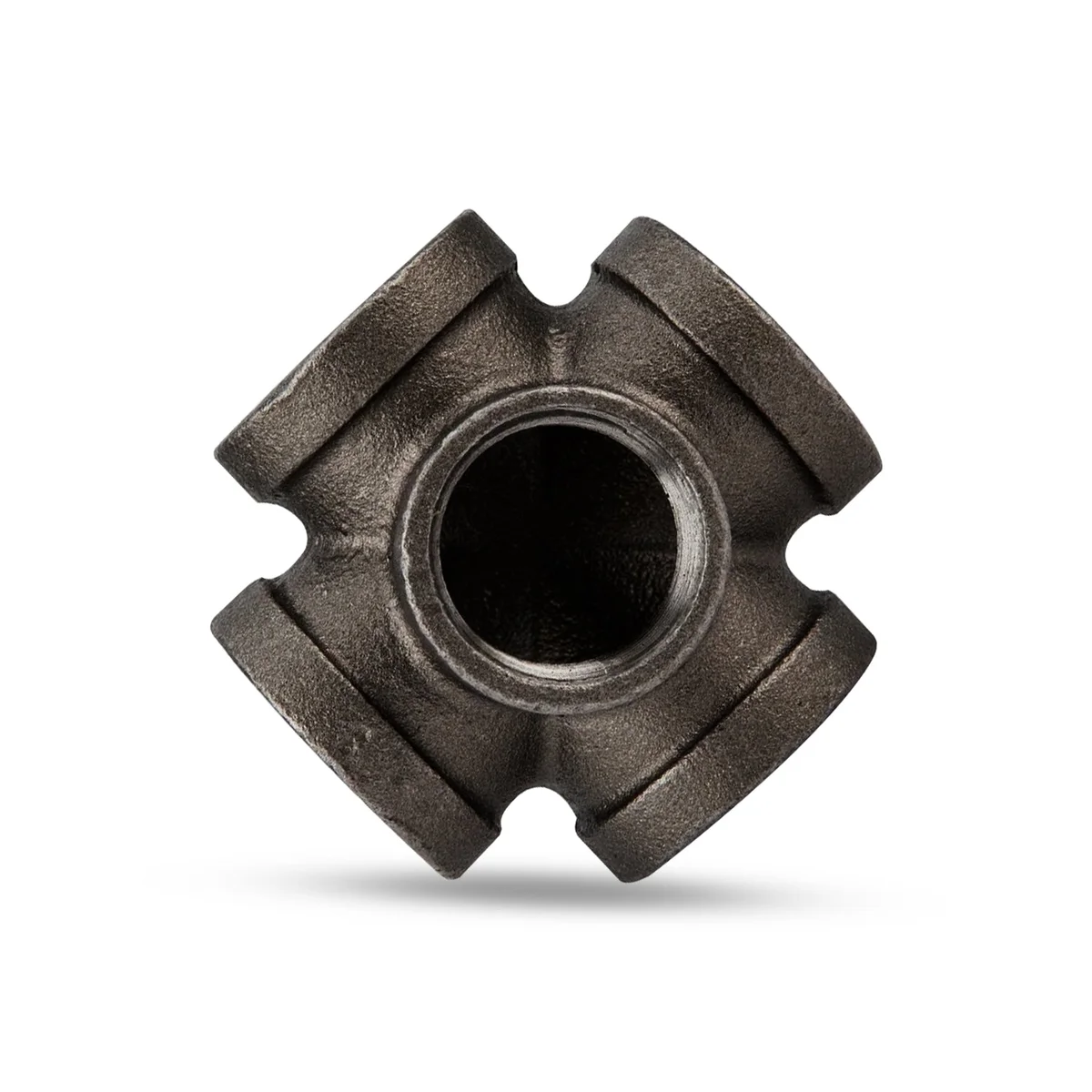 Black malleable iron 5-way pipe fitting showing 3/4 inch pipe connector with matte black powder coating