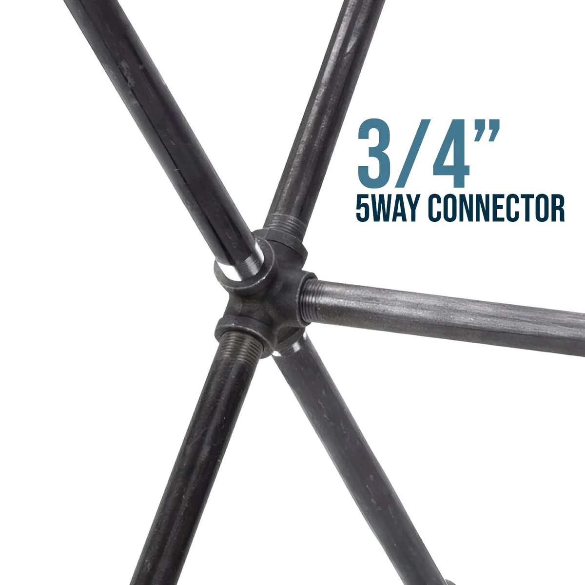 Black 5-way malleable iron fitting with 3/4-inch threaded pipe connections, coated in matte black powder finish