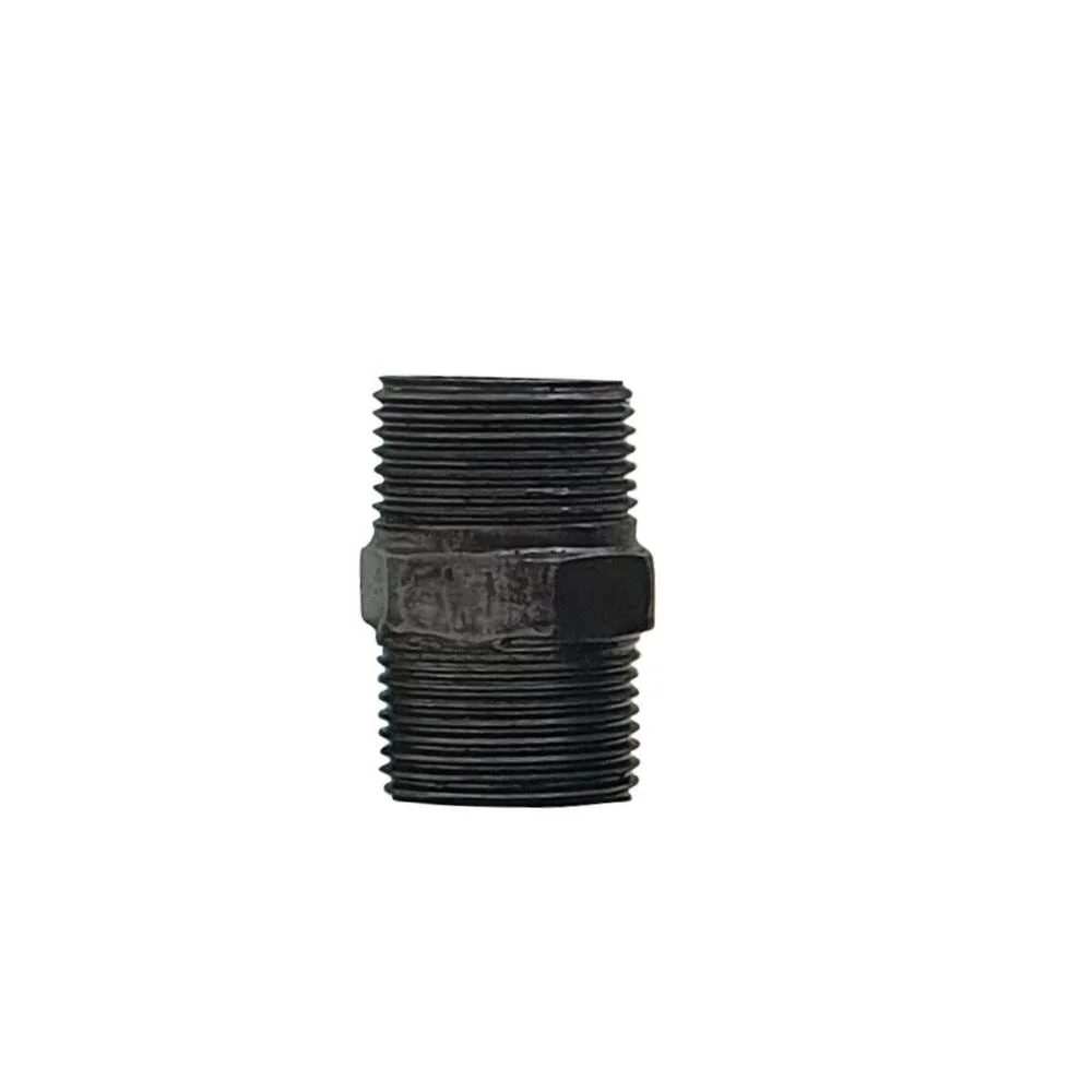 Black iron pipe lighting accessory with hexagonal center and threaded ends for vintage and industrial lighting projects