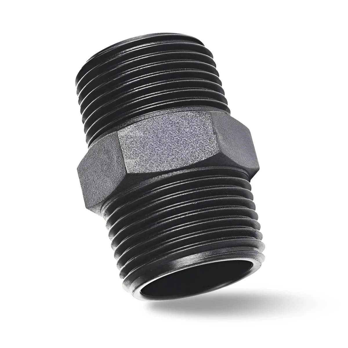 Black cast iron hex nipple pipe with threaded ends and hexagonal center for industrial and vintage lighting projects