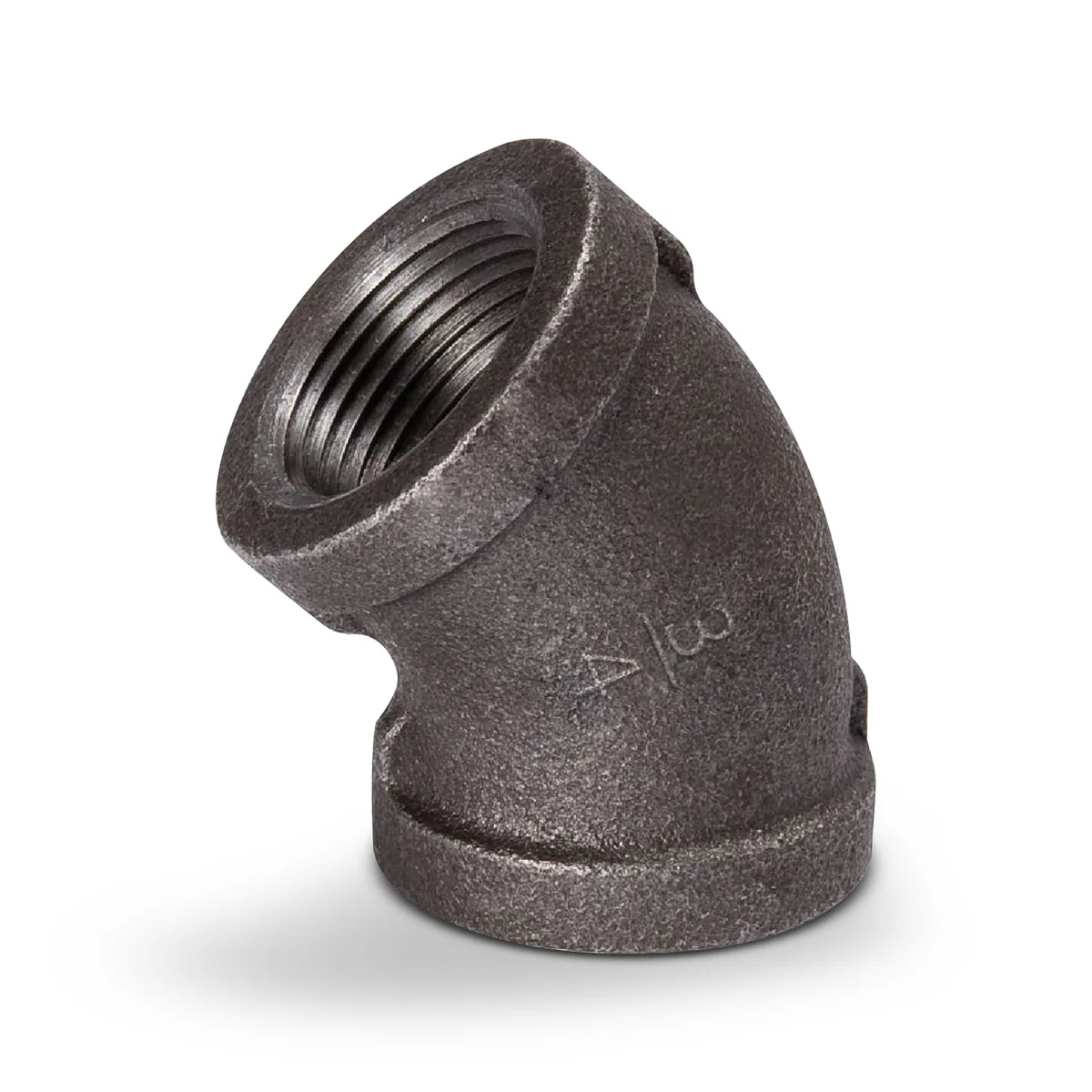 Black 45 degree iron elbow pipe fitting made of malleable iron with BSP threaded 3/4 inch connection for industrial use