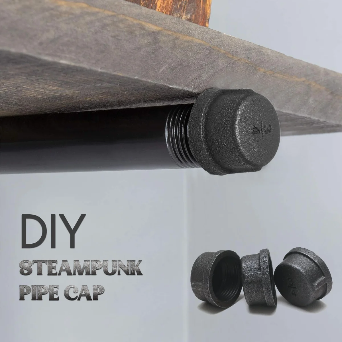Black cast iron DIY pipe fittings metal cap with threaded screw connection, 3/4 inch size, axial type design