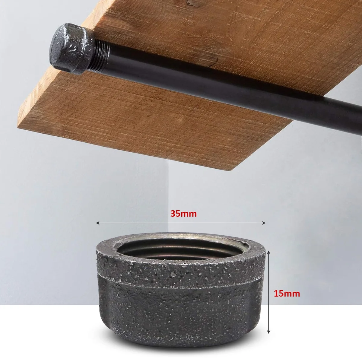 Black cast iron metal pipe cap with threaded screw connection for DIY vintage lighting and home projects