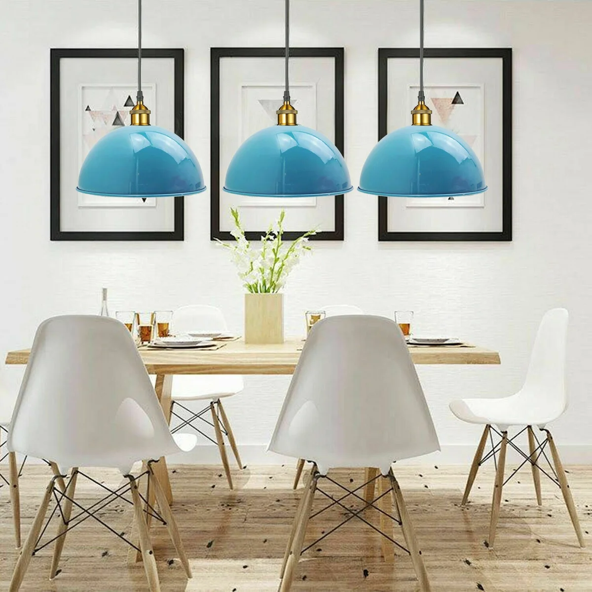 Light blue pendant light with metal shade, modern 40cm ceiling lamp for living rooms and bedrooms