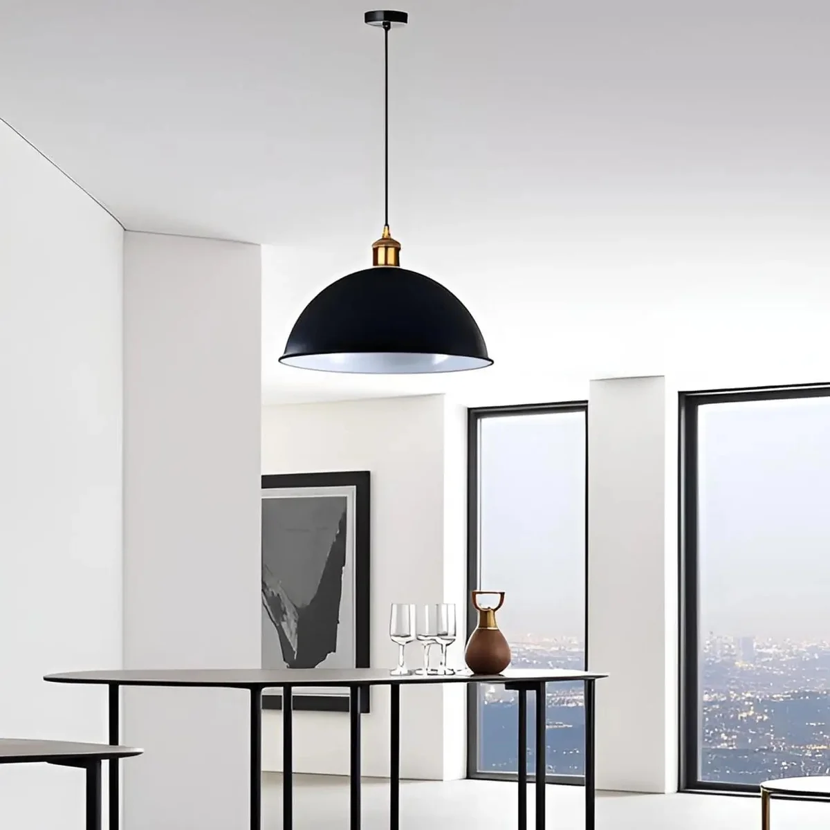 Modern black pendant light with large dome metal shade, designed for living rooms and bedrooms, E27 bulb holder included