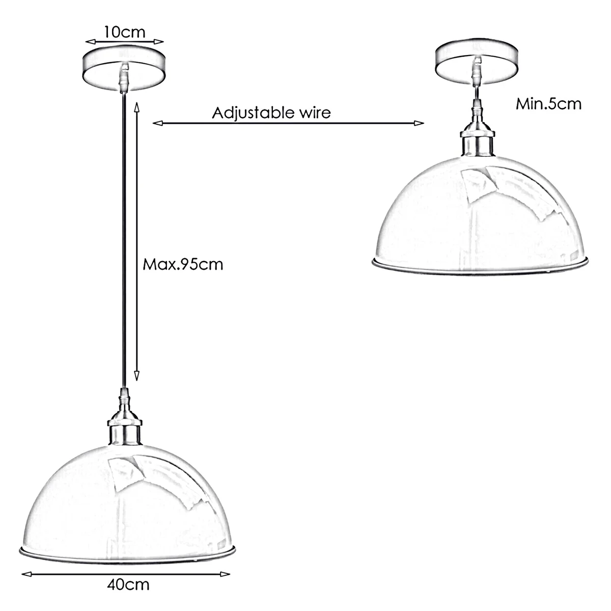 Black metal dome pendant light with E27 lamp holder pendant, ceiling rose, and wired fixture for modern interiors