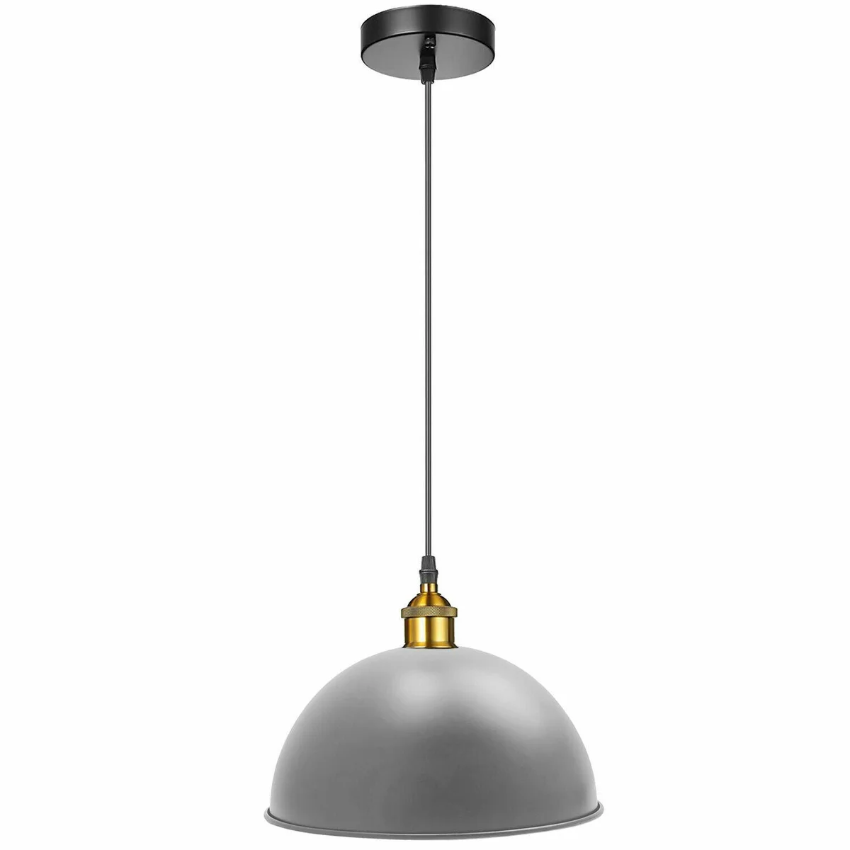 Grey metal ceiling light pendant shade with retro design, metal construction, and E27 lamp holder included without bulb.