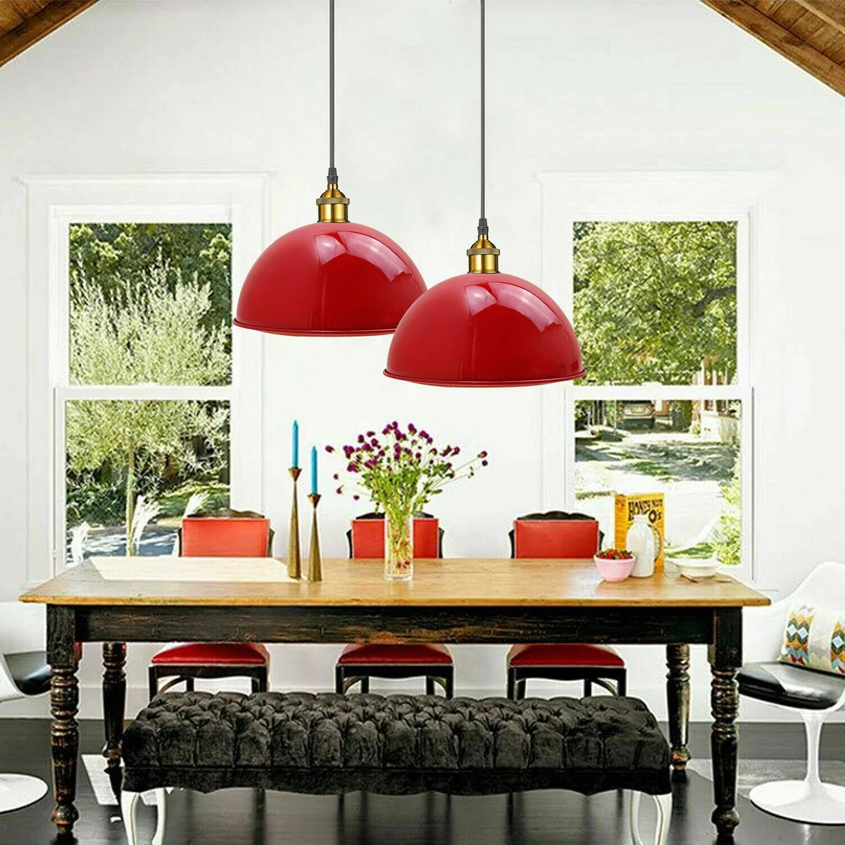 Red retro metal pendant ceiling light with lampshade, modern design for living rooms and cafes, E27 bulb holder included