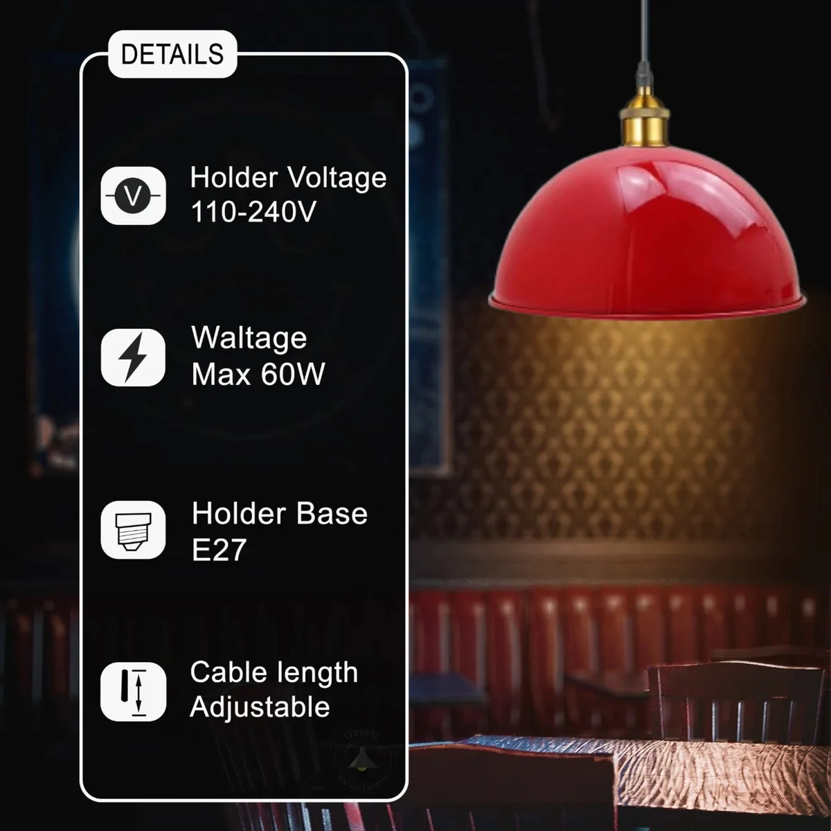 Red retro diner ceiling light pendant with metal lampshade, E27 holder, and ceiling rose accessories visible on white background