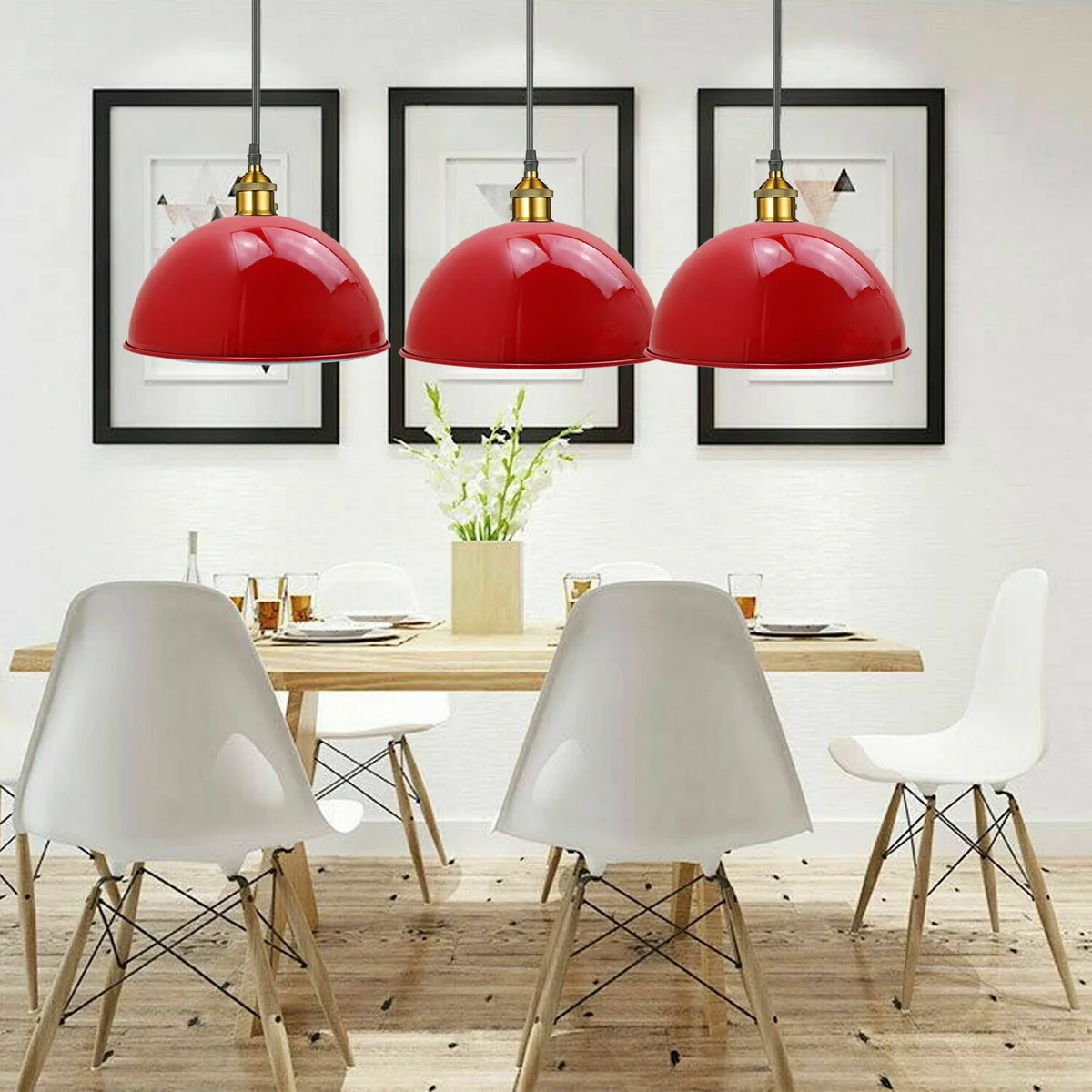 Red pendant ceiling light with retro metal diner design, hanging against a plain background, showing lampshade details