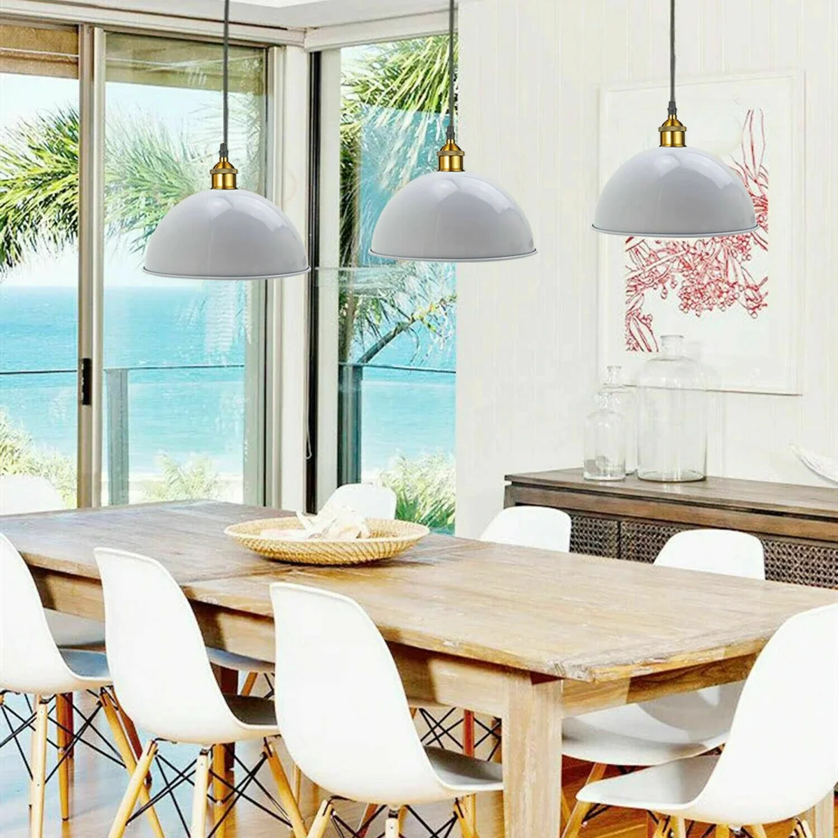 White metal ceiling lamp with dome-shaped modern pendant light shade and E27 holder suspended by wire