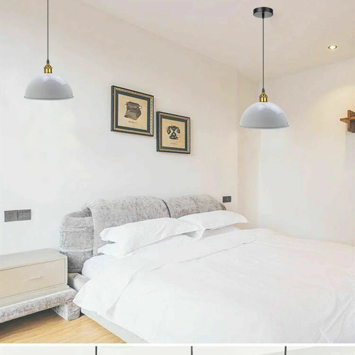 White half dome metal pendant contemporary ceiling light suspended from ceiling with E27 lamp holder and wire visible