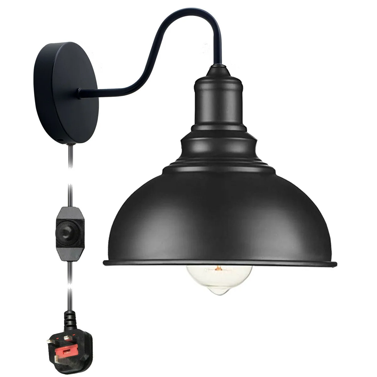 Black wall sconce light with metal frame, plug-in design, and dimmer switch for indoor wall mounting
