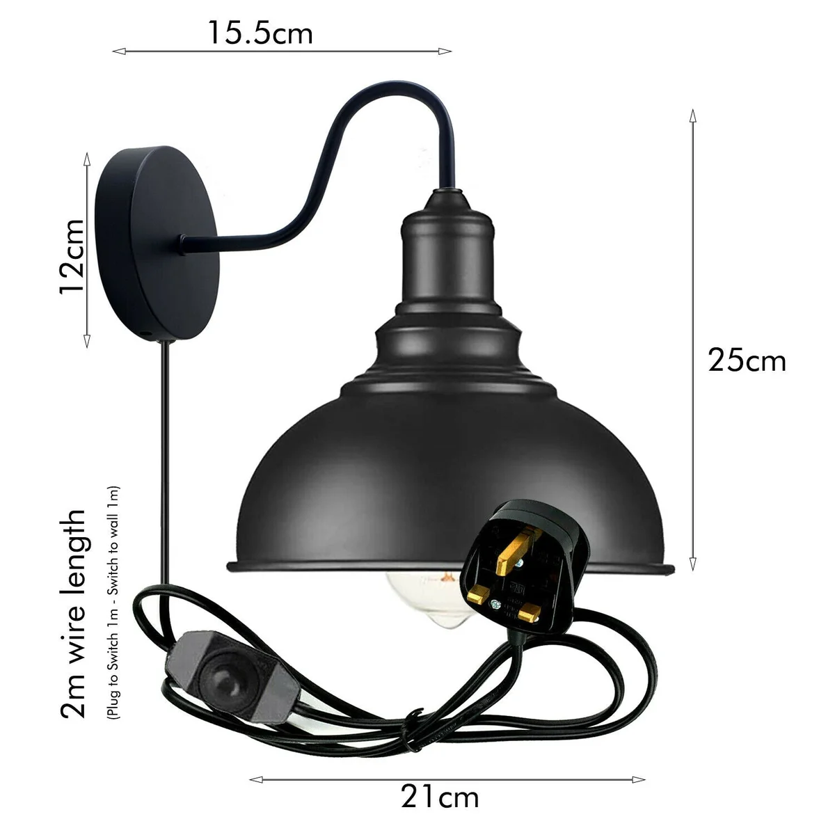 Black Nordic metal plug in wall light with E27 bulb holder and dimmer switch, mounted on white wall