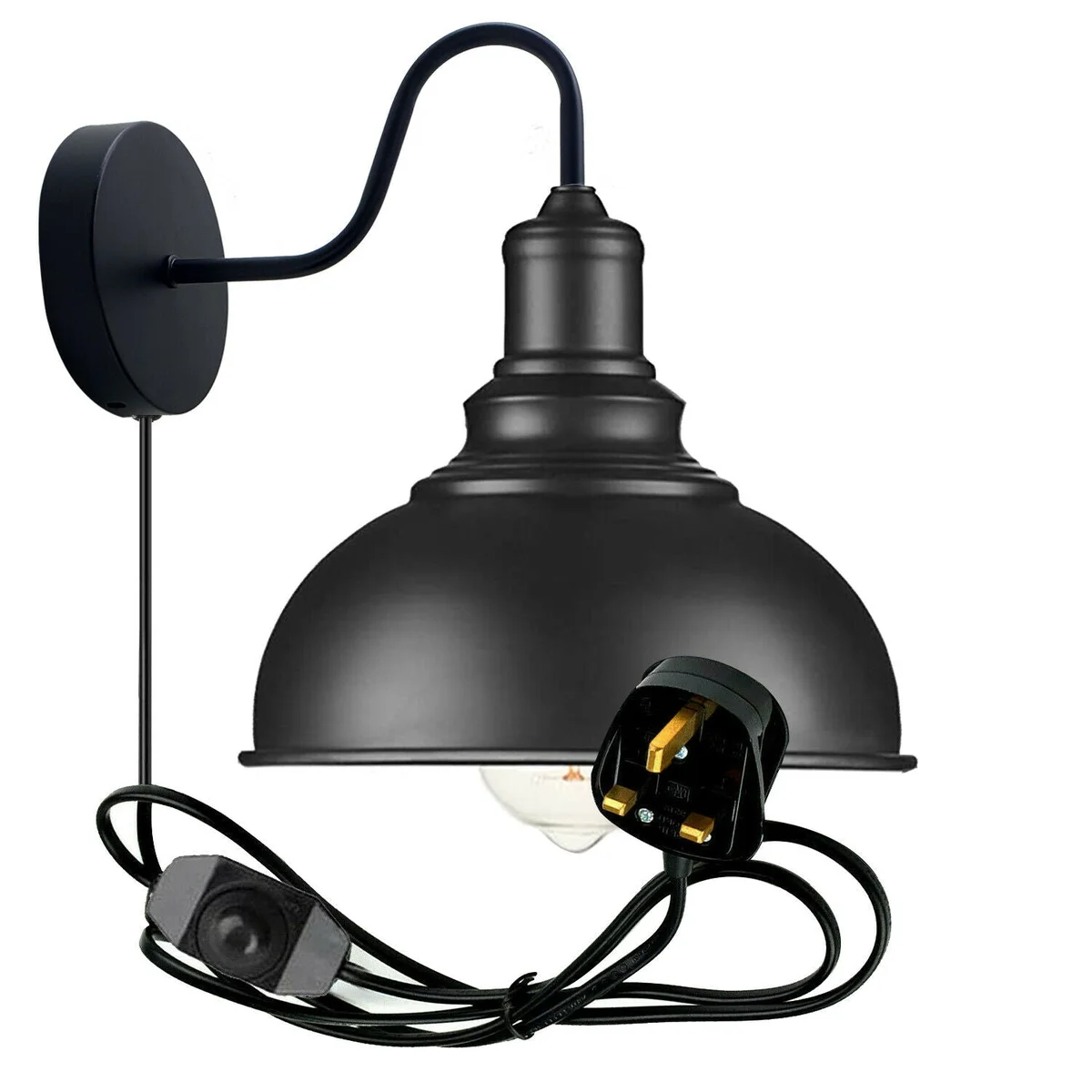 Black metal dimmable wall lamp with plug-in cable and dimmer switch mounted on a white wall