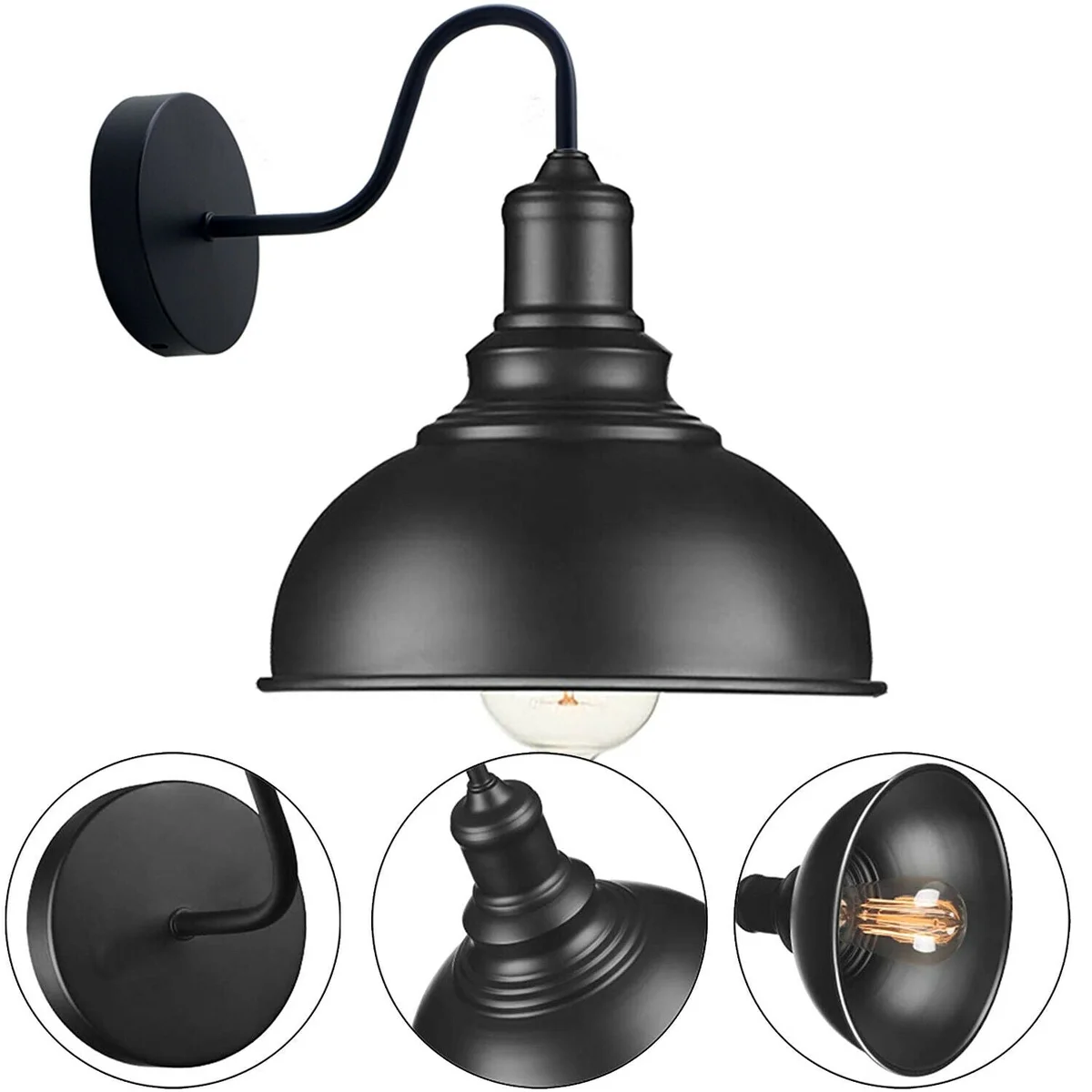 Black metal Nordic plug in wall light with simple lines and a dimmer switch, mounted on a white living room wall