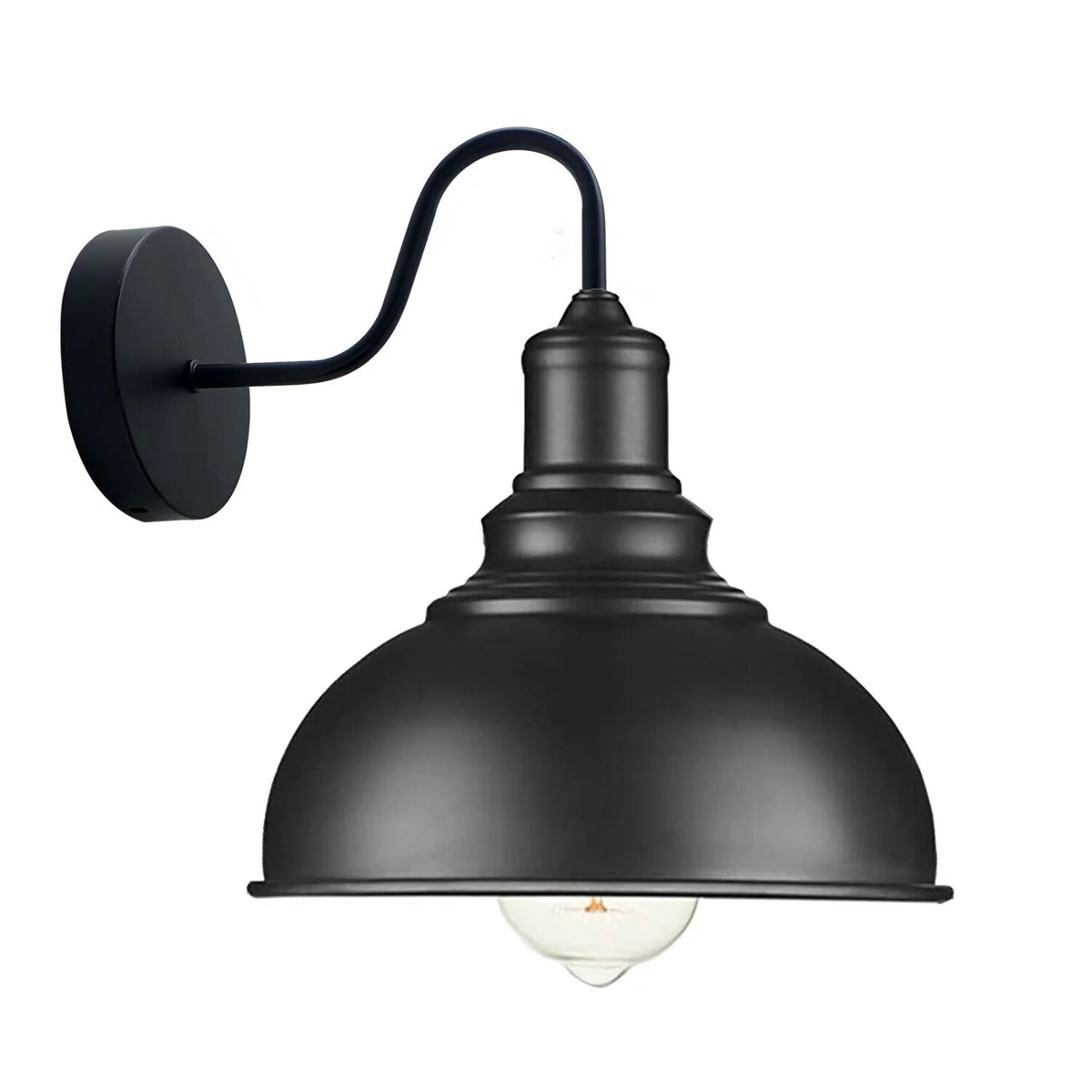 Black metal dimmable wall light fixture with industrial shade and plug-in cable, mounted on a white living room wall