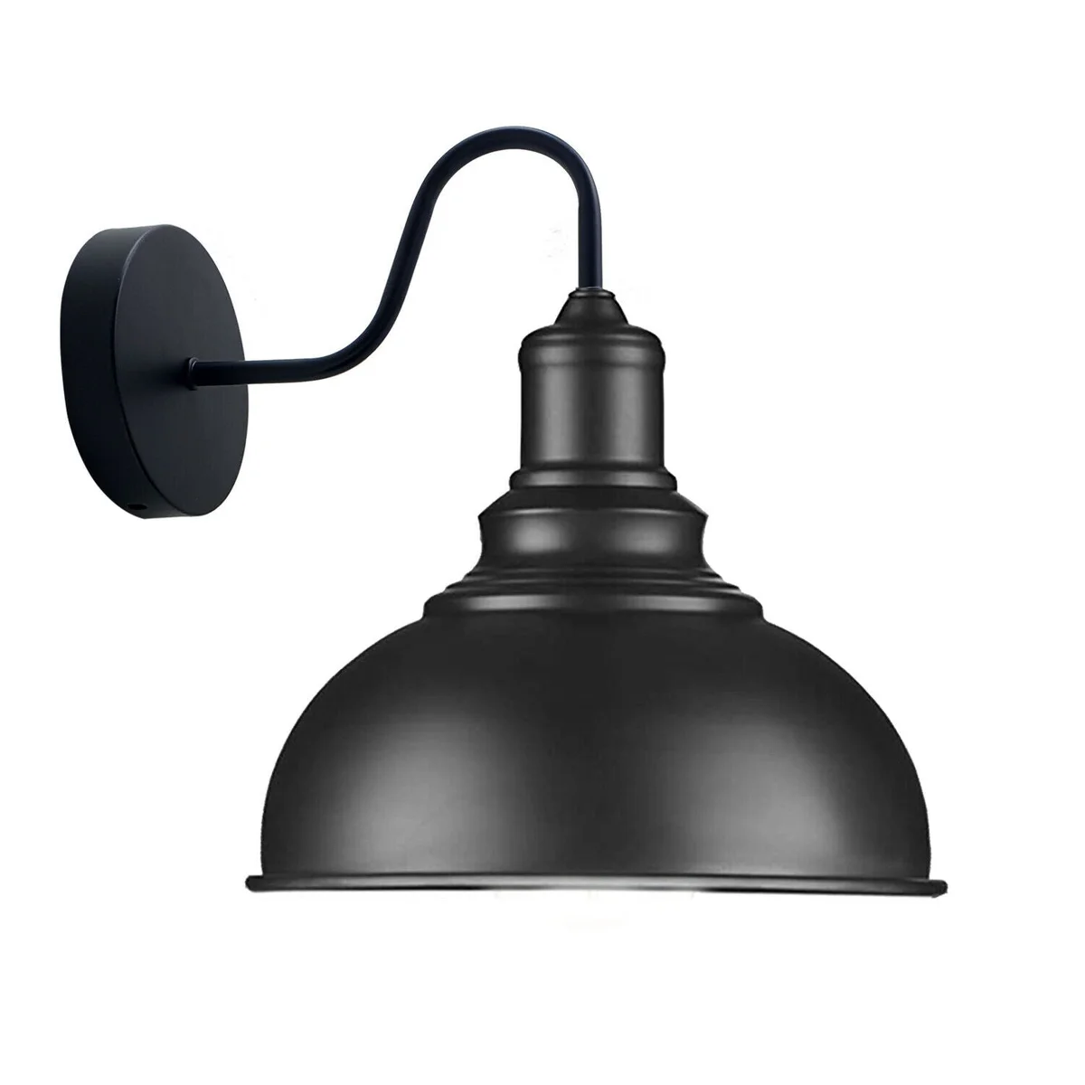 Black metal wall light fixture with industrial style shade mounted on white living room wall, showing cable and dimmer switch