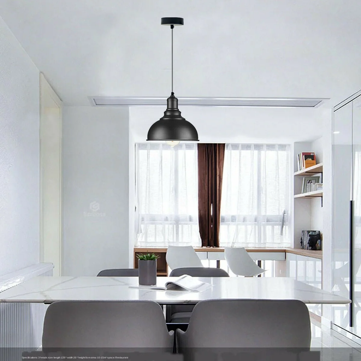 Modern black ceiling pendant light with metal dome shade and industrial cage design hanging from adjustable cord