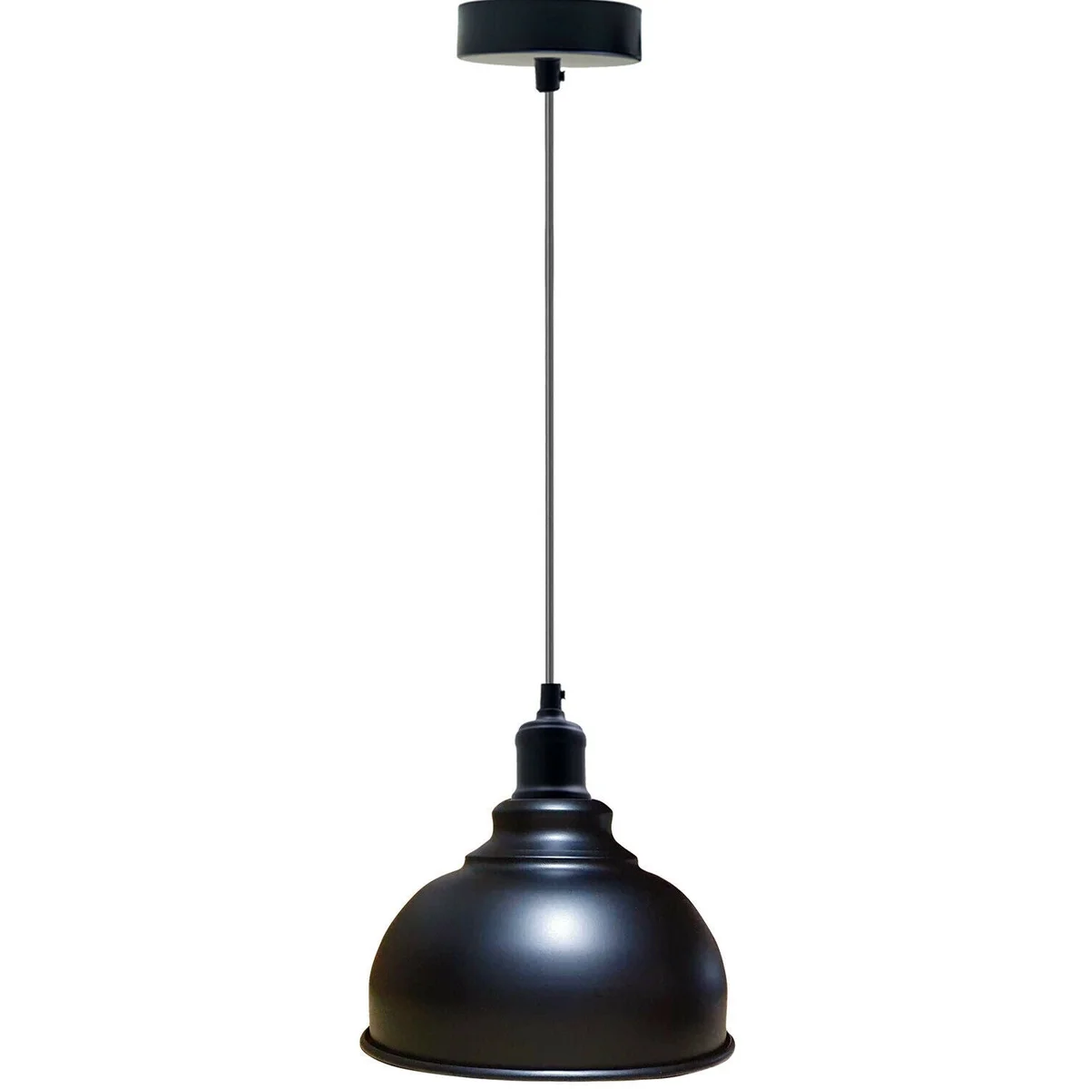 Black metal dome ceiling lamp pendant with industrial cage design and 95cm adjustable flex hanging from ceiling rose