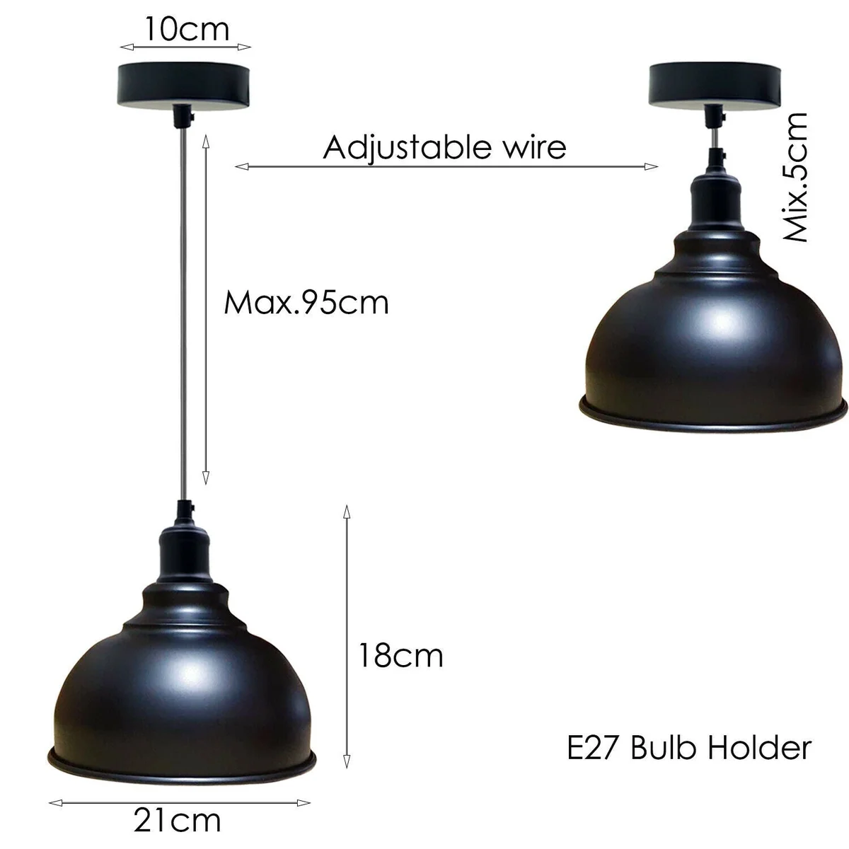 Black metal dome retro industrial light shade pendant with adjustable 95cm cable and ceiling rose on white background