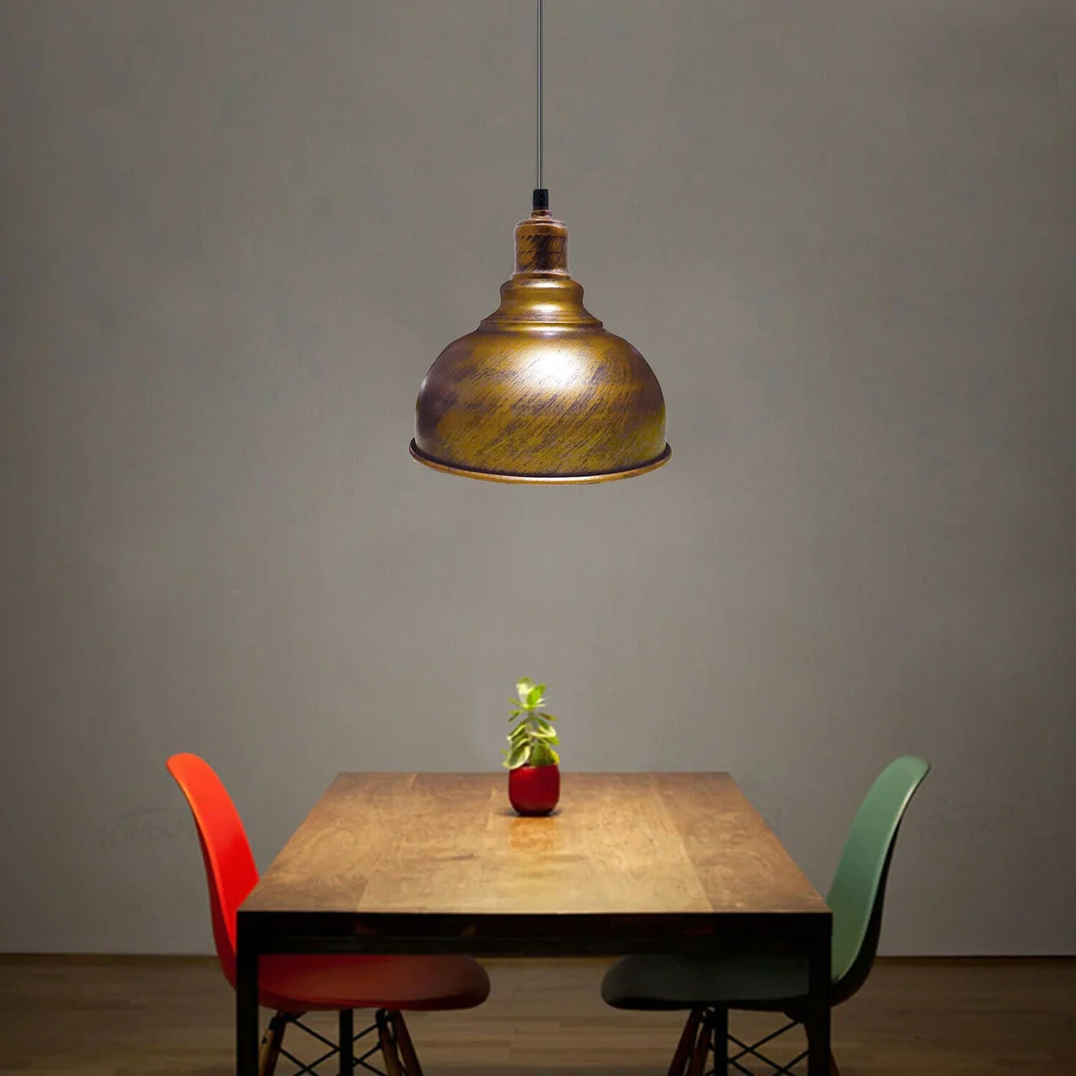 Brushed copper industrial pendant light with dome metal cage shade hanging from adjustable 95cm cable