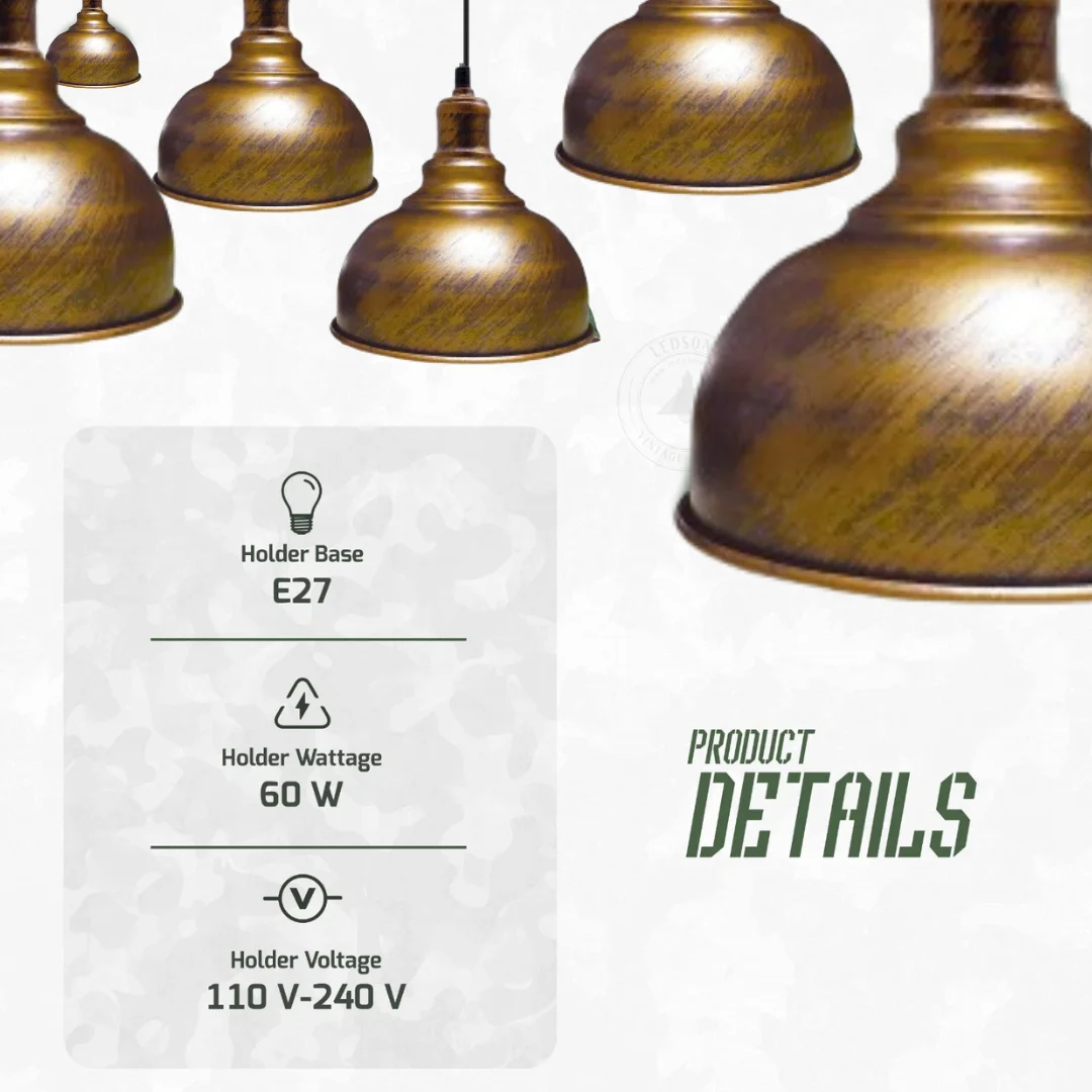 Brushed copper retro industrial lamp with dome metal cage shade hanging from ceiling, E27 bulb socket visible