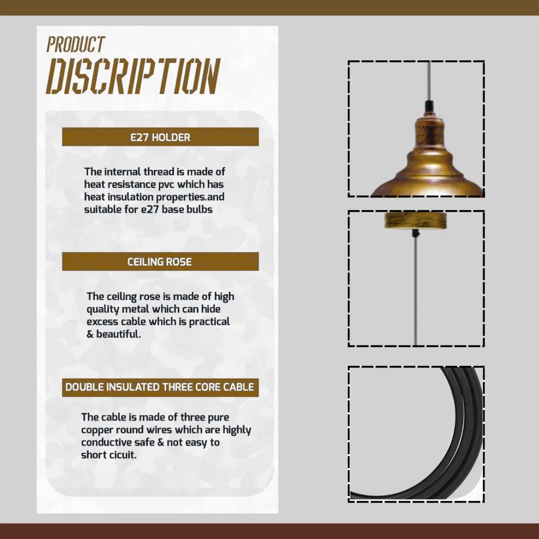 Brushed copper metal cage pendant light with adjustable 95cm flex and antique hand-painted finish hanging from ceiling rose