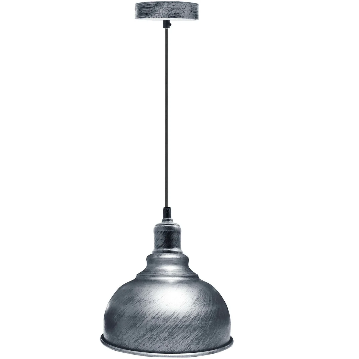 Brushed silver metal retro pendant light with industrial cage design and 95cm adjustable cable hanging against white background