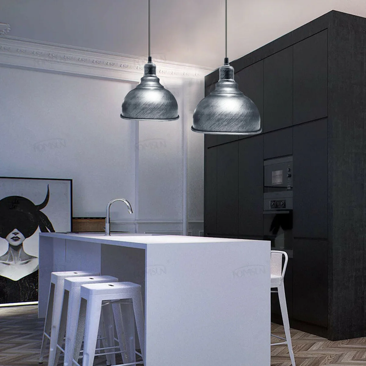 Brushed silver industrial pendant light with retro metal cage shade and 95cm adjustable flex hanging from ceiling rose