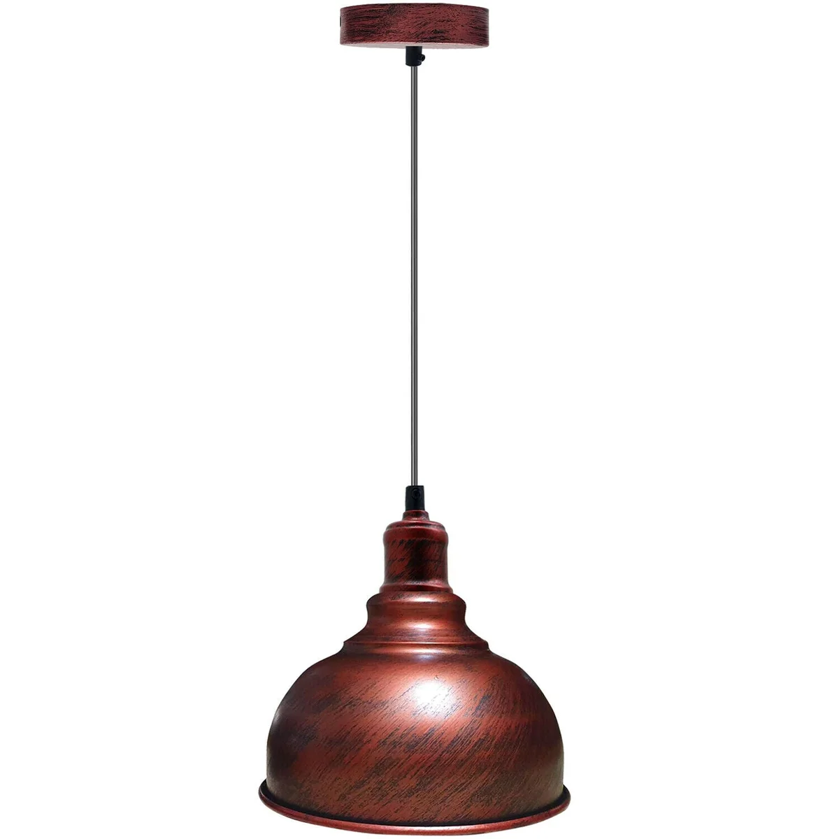 Rustic red metal ceiling pendant shade with industrial cage design and 95cm adjustable cord hanging against white background