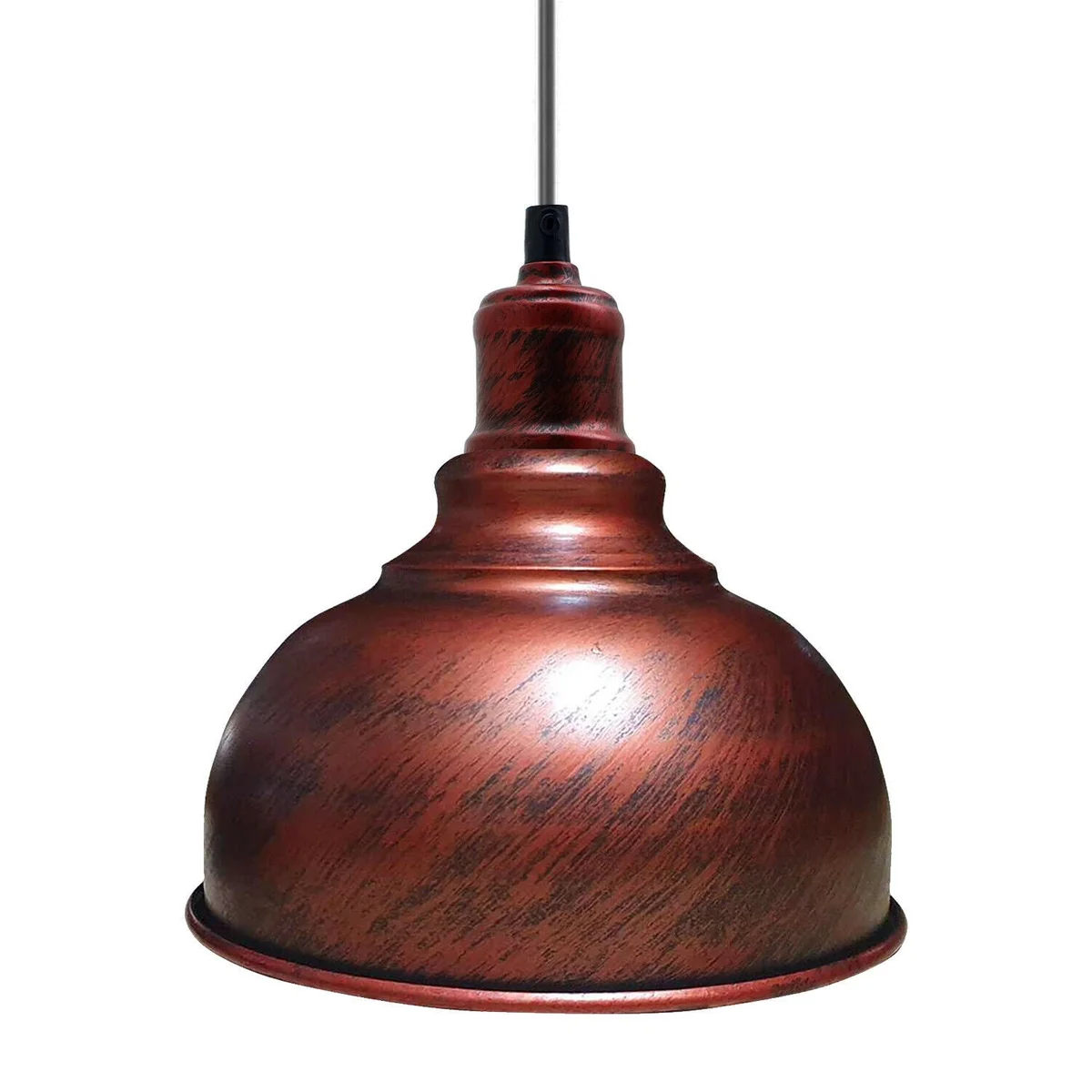 Rustic red pendant light with industrial metal cage shade hanging from ceiling with adjustable 95cm cable and ceiling rose