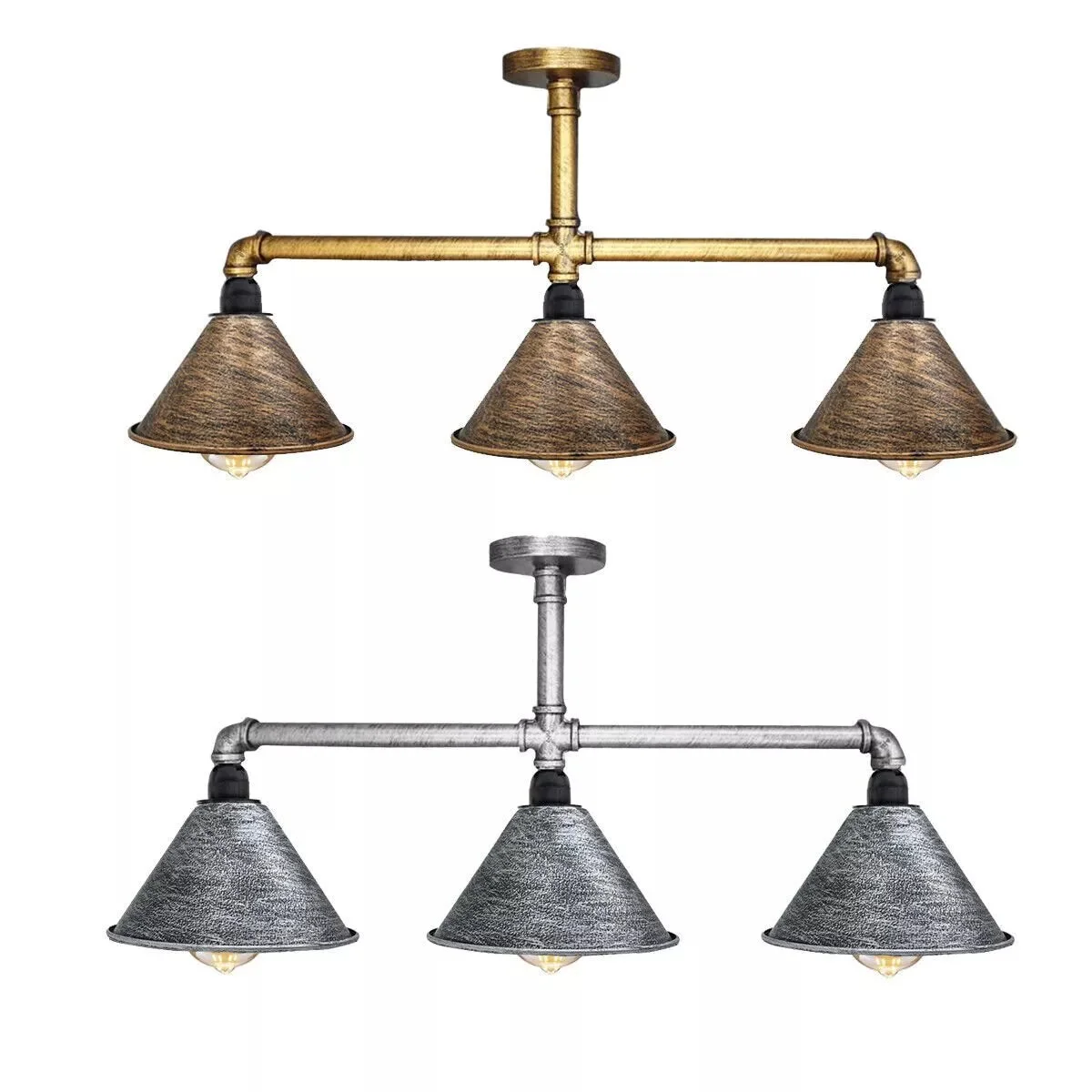 Silver pipe light fitting with three vintage industrial metal lamp heads hanging from ceiling fixture