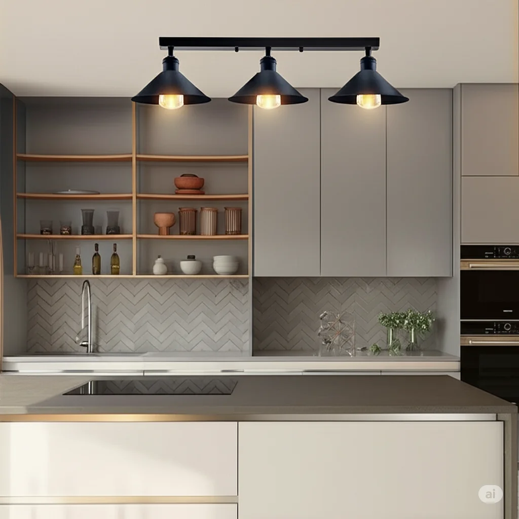3 head industrial ceiling light with rustic red metal shades and brushed copper finish, ceiling mounted with E27 bulbs