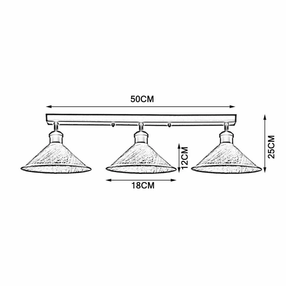 Three head metal ceiling light with rustic red shades and black metal fixtures, designed for indoor ceiling mounting