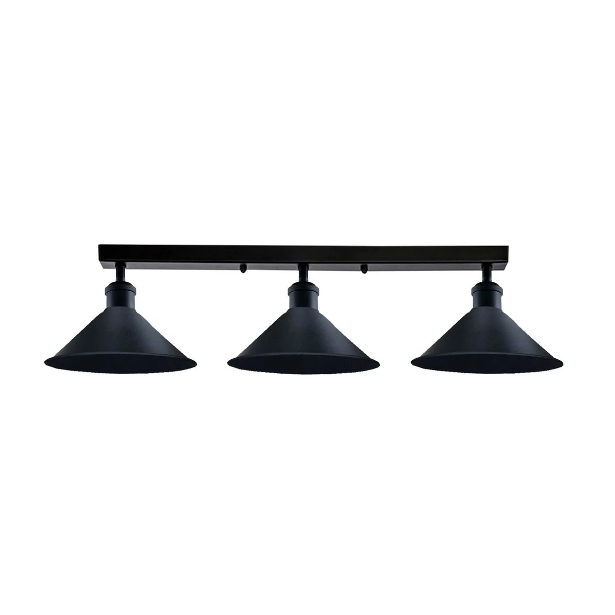Three head loft industrial indoor ceiling light in rustic red metal with cylindrical shades and ceiling rose mounting