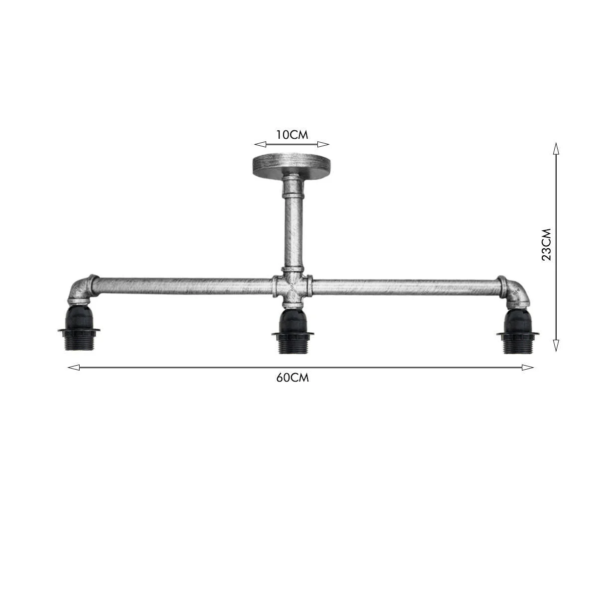 Three-light industrial retro ceiling light with brushed silver pipes and E27 bulb ceiling light fittings on a metal frame