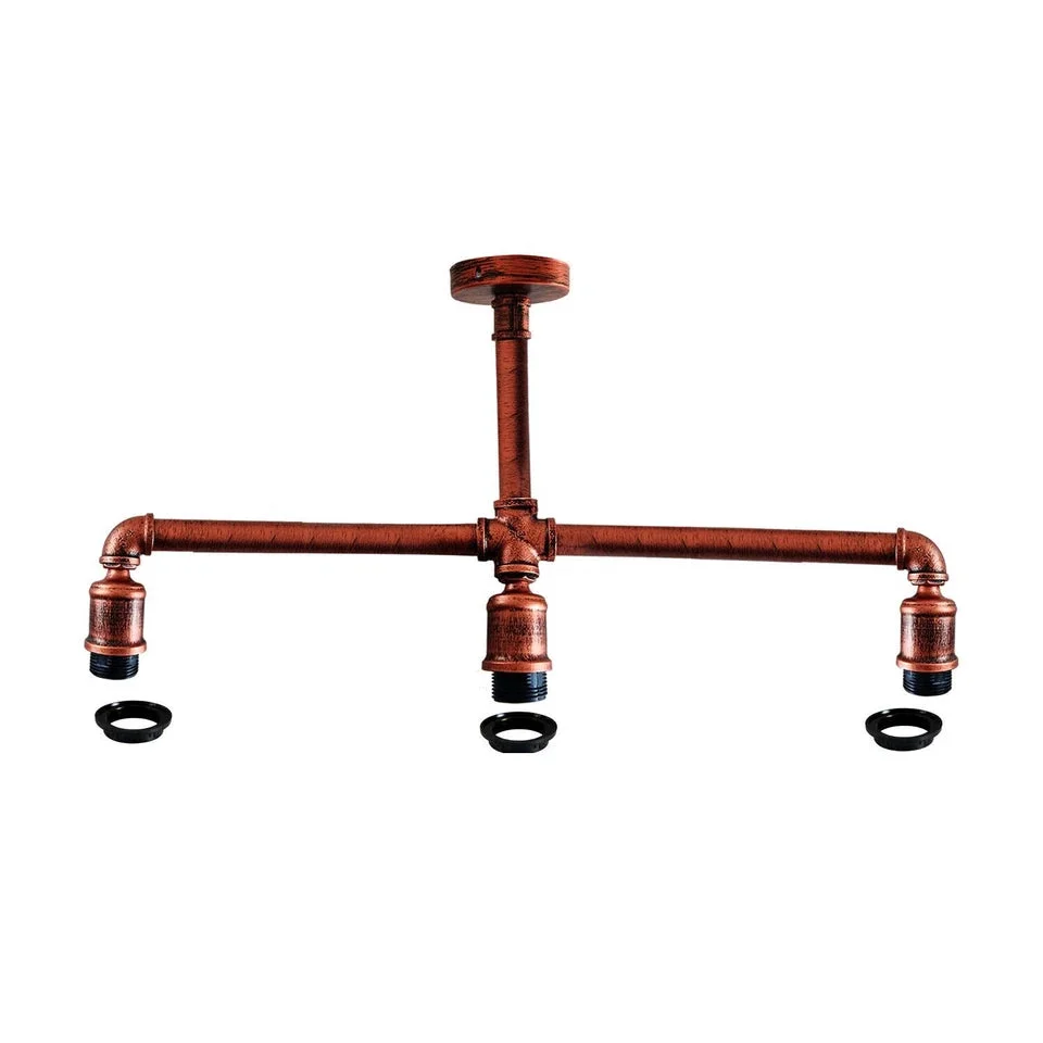 Retro industrial pendant light with three exposed E27 bulb fittings and brushed silver metal pipe design hanging from ceiling