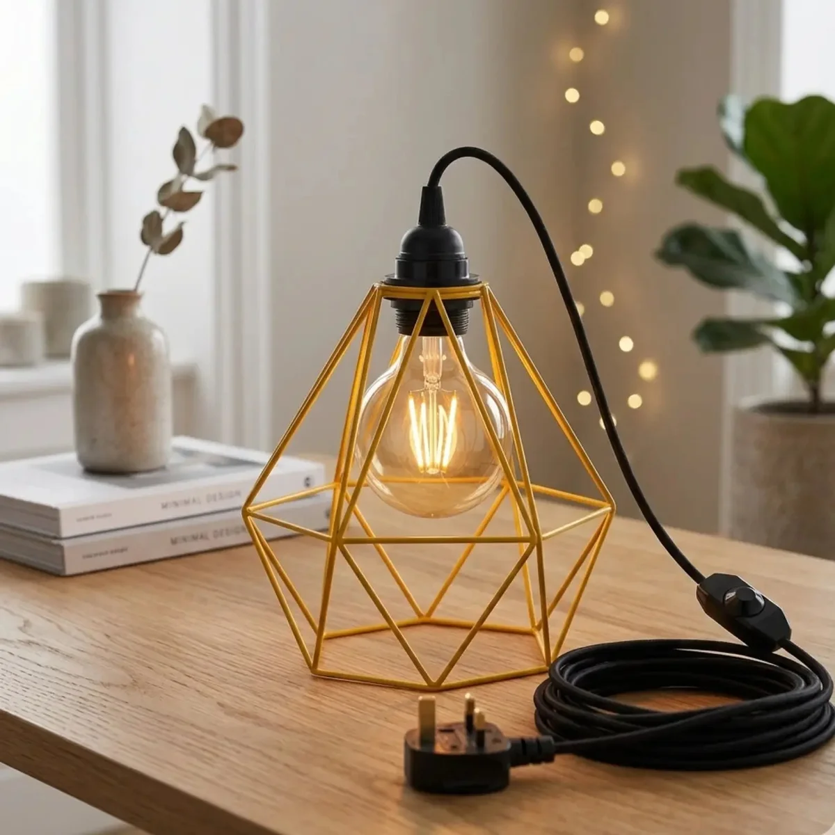 Dimmer switch lamp with blue metal cage shade and 4m black rubber cable for hanging light installation